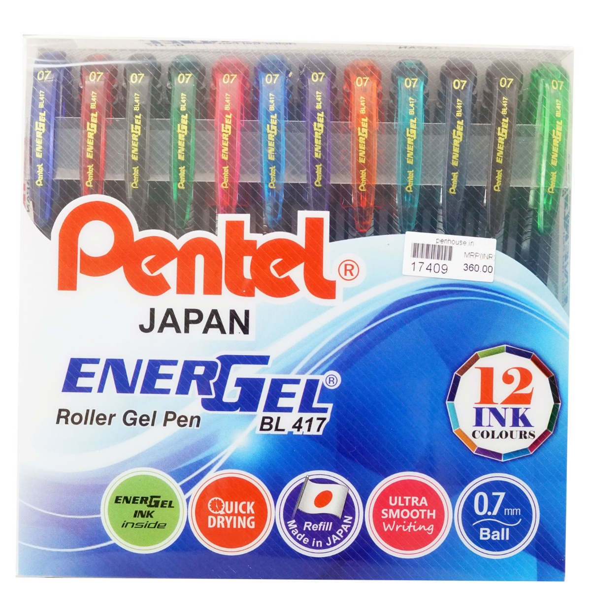 Pentel Energel BL-417 Roller Gel Pen 12 Assorted Colors